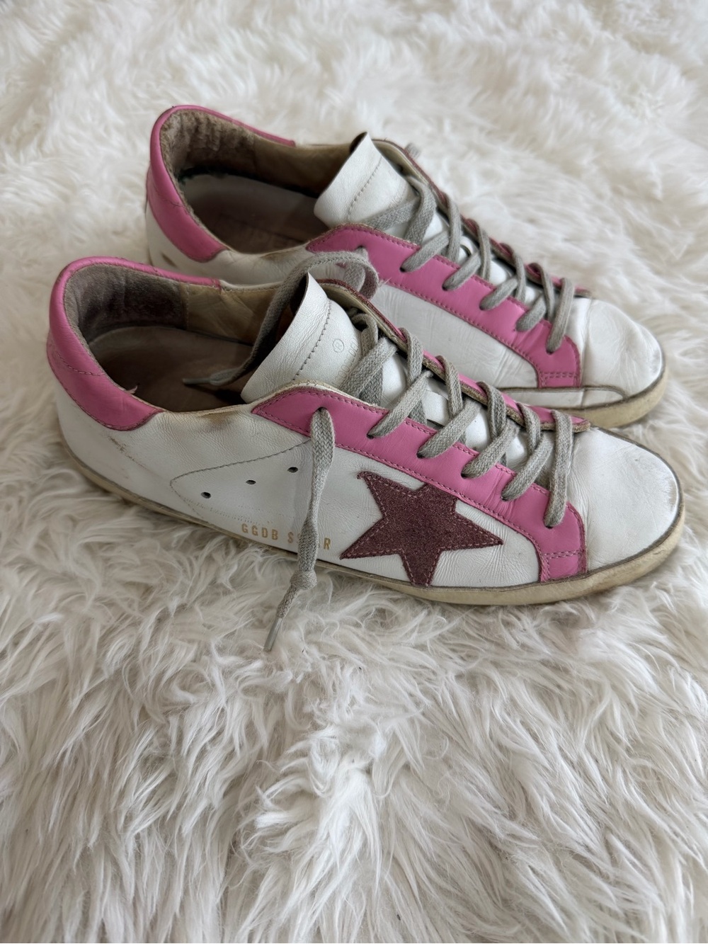 Golden Goose White Sneakers with Pink Panels and Burgundy Star Size 39 US 9